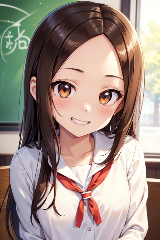 Takagi-san、Shiny brown hair, Straight Long Hair,((Medium chest、Forehead、Center part))、 Beautiful brown eyes、smile、Sparkling eyes, (fine grain)、Very fine eye、Highly detailed face, Highly detailed eyes, Cowboy Shot、


(masterpiece:1.2, Highest quality, 超High resolution, Super detailed),, 

One Girl, single, alone, Beautiful Anime Girls,
young woman、smile、((hair band))、blush、Grin、masterpiece、High resolution、16K、Long sleeve uniform、(Very close:1.5)、School classroom、(Upper body close-up)