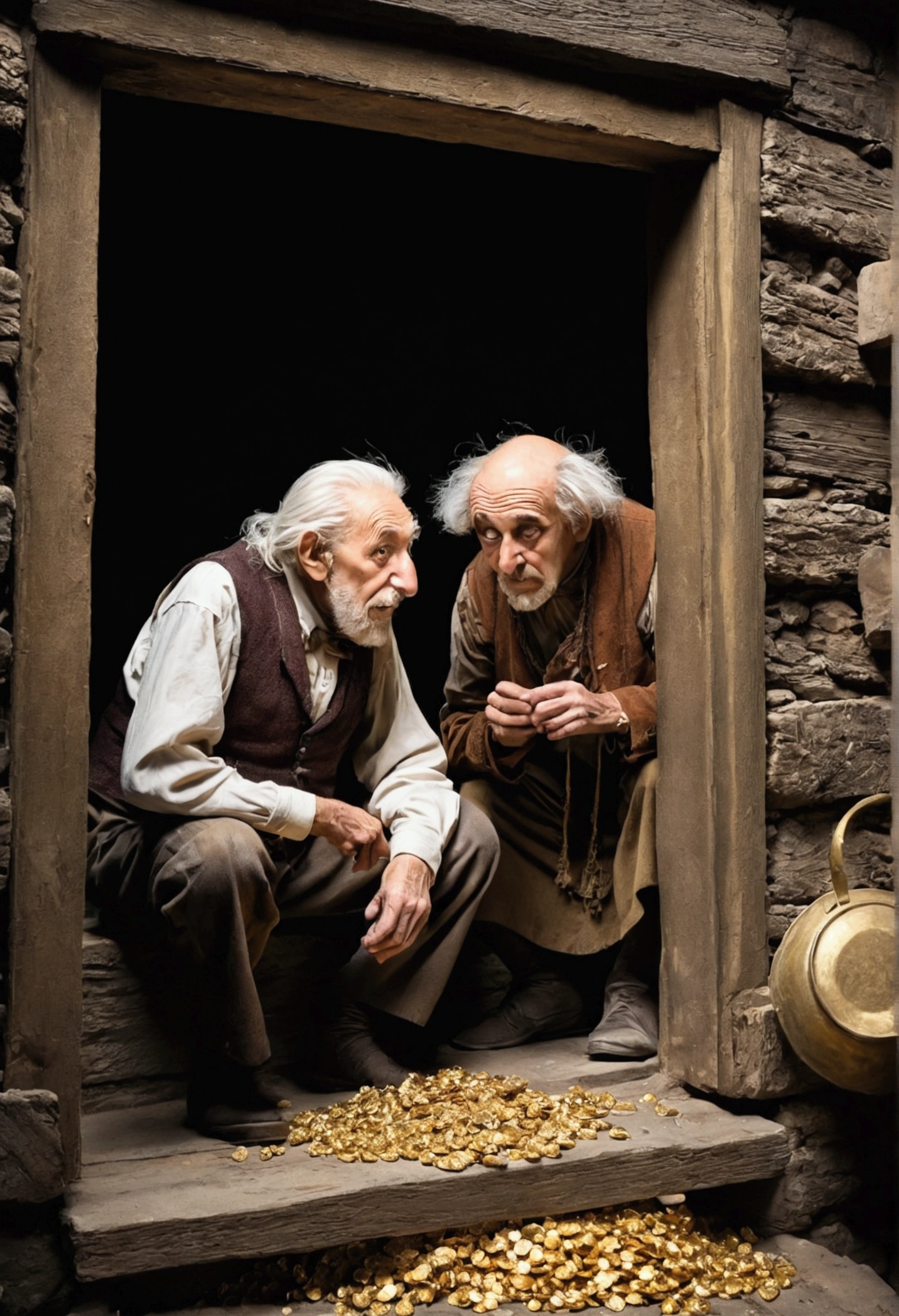One day, a thief who knew the old miser’s routine, waited for the old man to go back into his house. After it was dark, the thief went to the hiding place and took the gold. The next day, the old miser found that his treasure was missing and started crying loudly