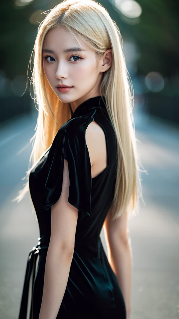 blonde girl, delicate asian features, wearing an elegant black dress