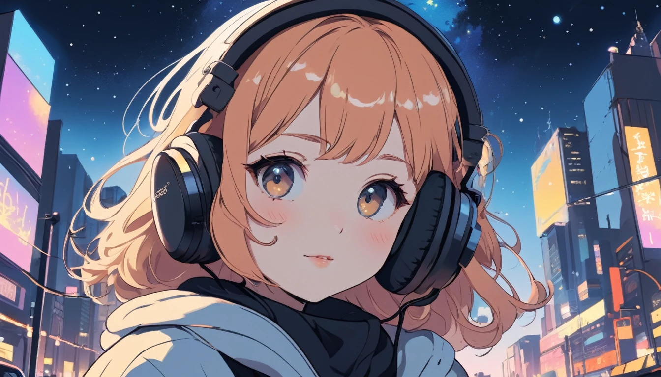 Girl with headphones, City of night、Wide-angle lens, Lofi Anime, Lofi illustration, Aesthetic atmosphere, Lo-Fi Style, Vector art, Flat Design, Simple shape, Warm tones, Pleasant atmosphere, Chill, In anime style, Digital drawing, Vector art, Vector logo for t-shirt printing, (Adorable:1.5), (small:1.4), (Playful:1.2), (soft:1.3), (Whimsical:1.1), masterpiece, Highest quality, 8k, Intricate details, grow, Celestial, Mysterious, Picturesque, amazing, Majestic, Magic, Fantasy art, Cover art, dream-like