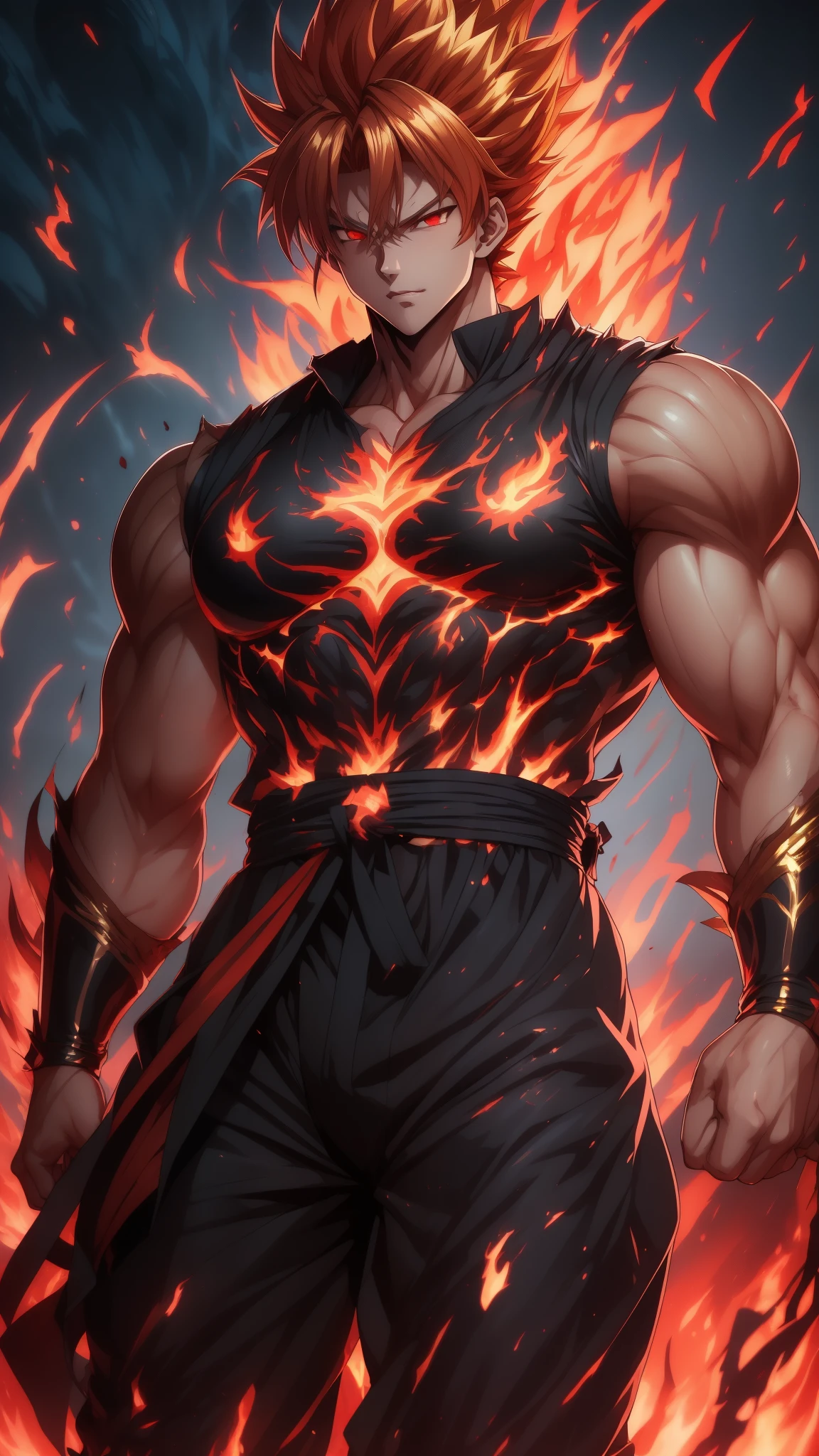 Handsome guy with red eyes, On a neutral dark background, Two red and blond hair colors，Relatively short hair，Handsome，Tall muscular man，A handsome and decisive  boy,Eight-pack abs，upper body bare, The body emits a golden glow，Majestic gestures and trampling on fiery flames. Flames surged around them, creating an opulent atmosphere