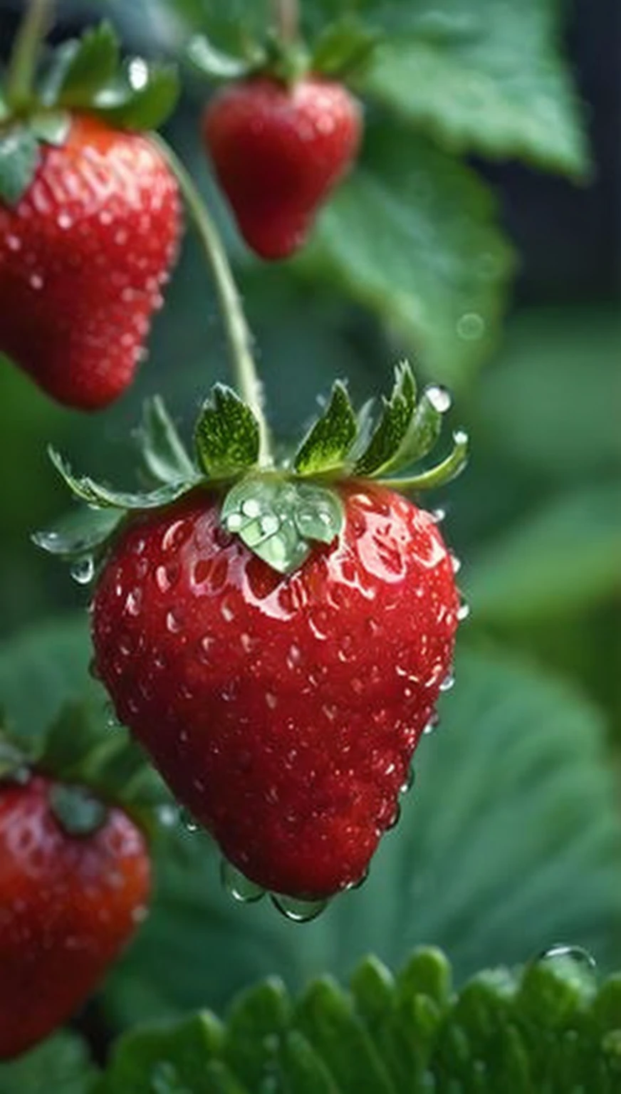 a close up of a bunch of ripe strawberries on a plant, strawberry, strawberries, fight with strawberries, strawberry fields forever, dew, strawberry embellishment, closeup portrait shot, bright:, berries dripping, squashed berries dripping, f/3.2, closeup - view, closeup portrait, closeup shot, by Dan Luvisi, raspberry, hyperdetailed!