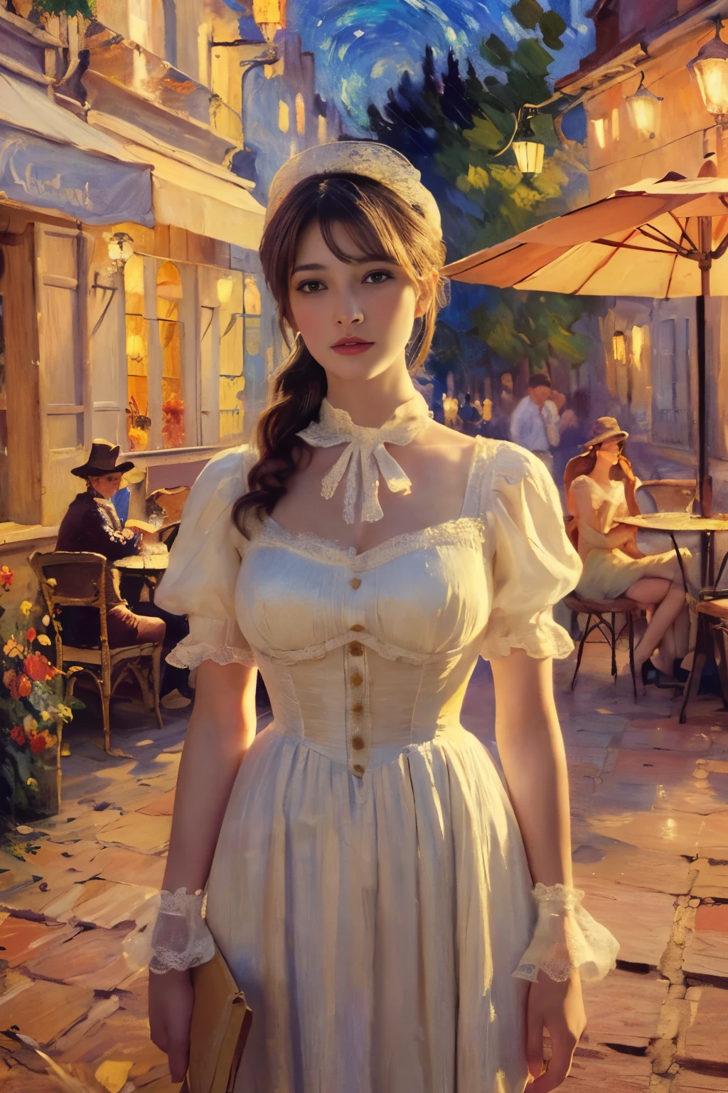 ((masterpiece:1.4, Highest quality)), (Realistic photos:1.4), (Artwork),
((1 girl)), (Otherworldly beauty), (dream-like), ((1 girl, Realistic photos)),
(超High resolution:1.2), Very delicate and beautiful, wonderful, Very detailed CG Unity 8k wall paper, Very detailed, High resolution,
Soft Light, Beautiful detailed girl, Very detailed eyes and face, Beautiful and detailed nose, Beautiful and detailed,
(Dressed in late 19th century French costume:1.3), (In front of the cafe at night:1.3),
Cinema Lighting, Perfect Anatomy, Slender body, (Parted bangs),
(The world of impressionist painting:1.5), (Impressionist light and colour), (「Cafe terrace at night」),
Cowboy Shot