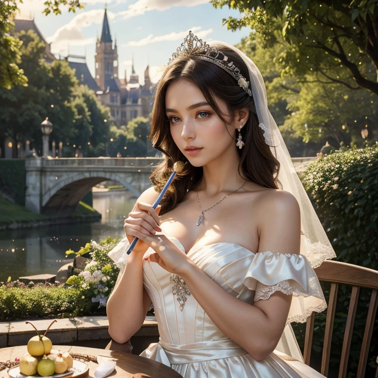 (masterpiece, best quality:1.5), highest quality, High resolution, super detailed, Realists, Upper body photo of a brunette young magical girl, detailed and beautiful eyes, beautiful detailed lips, very detailed eyes and face, longeyelashes, white satin wedding dress, Holding a magic wand in your hand, Cast a transformation spell, With her magic wand she turns stones into drinks, Glowing wands available,Beautiful and colorful makeup, elegant and noble々The jewelry bag, Gardens as background, soft daylight, bright colors, fine brushstrokes, Portrait style, Silk dress fabric, beautiful color palette, glowing skin, First-class rendering, that captures every detail, enchanting atmosphere, subtle shadows and lights, (perfect anatomy:1.2), (The stunning magical girl in a wedding dress turns stones into drinks, Drinks on the table, (a transformation with the magic wand:1.4), (magnificent panorama view:1.2)