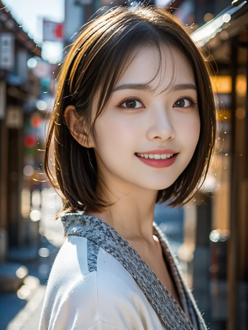 professional lighting,(Photoreal:1.4), (Top image quality:1.0), (超A high resolution:1.0), 8k, Raw photography, (masterpiece:0.2), (Pueros face_v1:0.5)、(highest quality Detail:1.2)、realistic、8k UHD、High resolution、(1 girl:1.2)、Super detailed、High quality textures、intricate details、detailed、Very detailed CG、High quality shadows、detailed Beautiful and delicate face、Beautiful details and delicate eyes、(symmetrical eyes:1.2),Depth of the bounds written、ray tracing,1 girl, japanese girl, (natural smile:1.4),cute, thin, Portrait of a beautiful Japanese woman wearing a kimono, Standing elegantly on a street corner in Kyoto. A kimono with bright traditional patterns, Hair decorated with an elegant and delicate hairpin, and a gentle expression. (Against the backdrop of the old streets of Kyoto:1.4)、soft light on a spring afternoon、adds tranquility to the scene. Rendered in a realistic style with great attention to detail, High resolution images.s ky porn, magic hour, (realistic:1.3), finely, quality, (table top:1.2), (realistic:1.2), (highest quality), (Complex details), dramatic, ray tracing, photograph, +roller