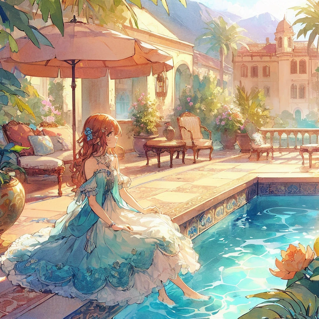 absurdres, best quality, fine detailed, 8k, 1girl, brown wave hair, blue eye, White and light blue fantasy dress, sleeveless, profile, blue flowers and ribbon decoration, necklace, poolside, elaborate carvings, orange parasol, chairs, table, cushions, plants, Western-style house