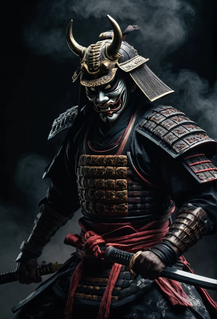 high quality, 8k, hyper detailed, photorealistic, intricate details, dark moody atmosphere, traditional japanese samurai in demonic mask, katana sword, full body pose, ready for battle, dark mist surrounding, realistic, cinematic lighting, dramatic shadows, intense expression, powerful presence, evil, georgeus, full body