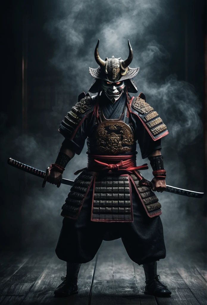 high quality, 8k, hyper detailed, photorealistic, intricate details, dark moody atmosphere, traditional japanese samurai in demonic mask, katana sword, full body pose, ready for battle, dark mist surrounding, realistic, cinematic lighting, dramatic shadows, intense expression, powerful presence, evil, georgeus, full body