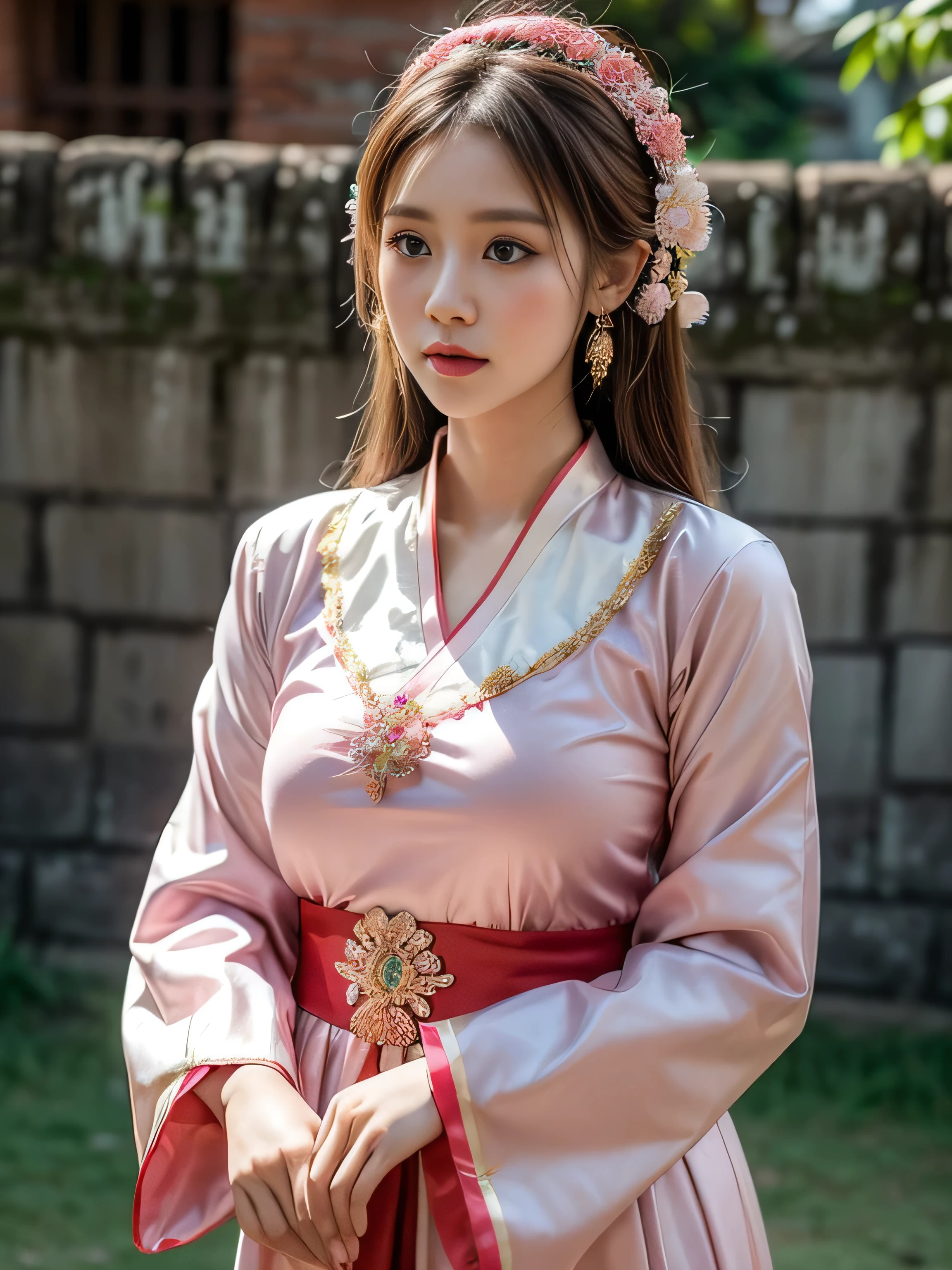 19 years old child, (wearing a pink and red Thai traditional clothing:1.3), big round breast, ((traditional thai hairstyle:1.2)), (photorealistic:1.2), (ultra realistic:1.3), (very detailed:1.1), ((masterpiece)), (blush:1.3), (shy:1.3), (Chaing Mai old castle walls :1.3), depth of field, first person view.