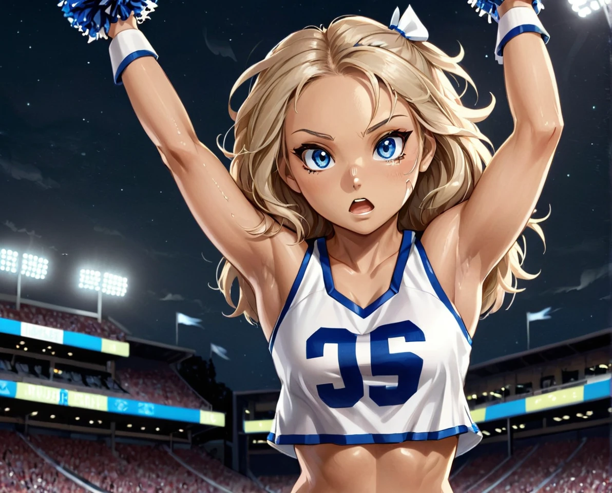 female bear mid transformation, cheerleader, solo, masterpiece, best art, digitigrade, by patto, by oouna, torn pants, torn shirt, detailed hands, detailed eyes, detailed torso, , transformation, human face, night, muscular,