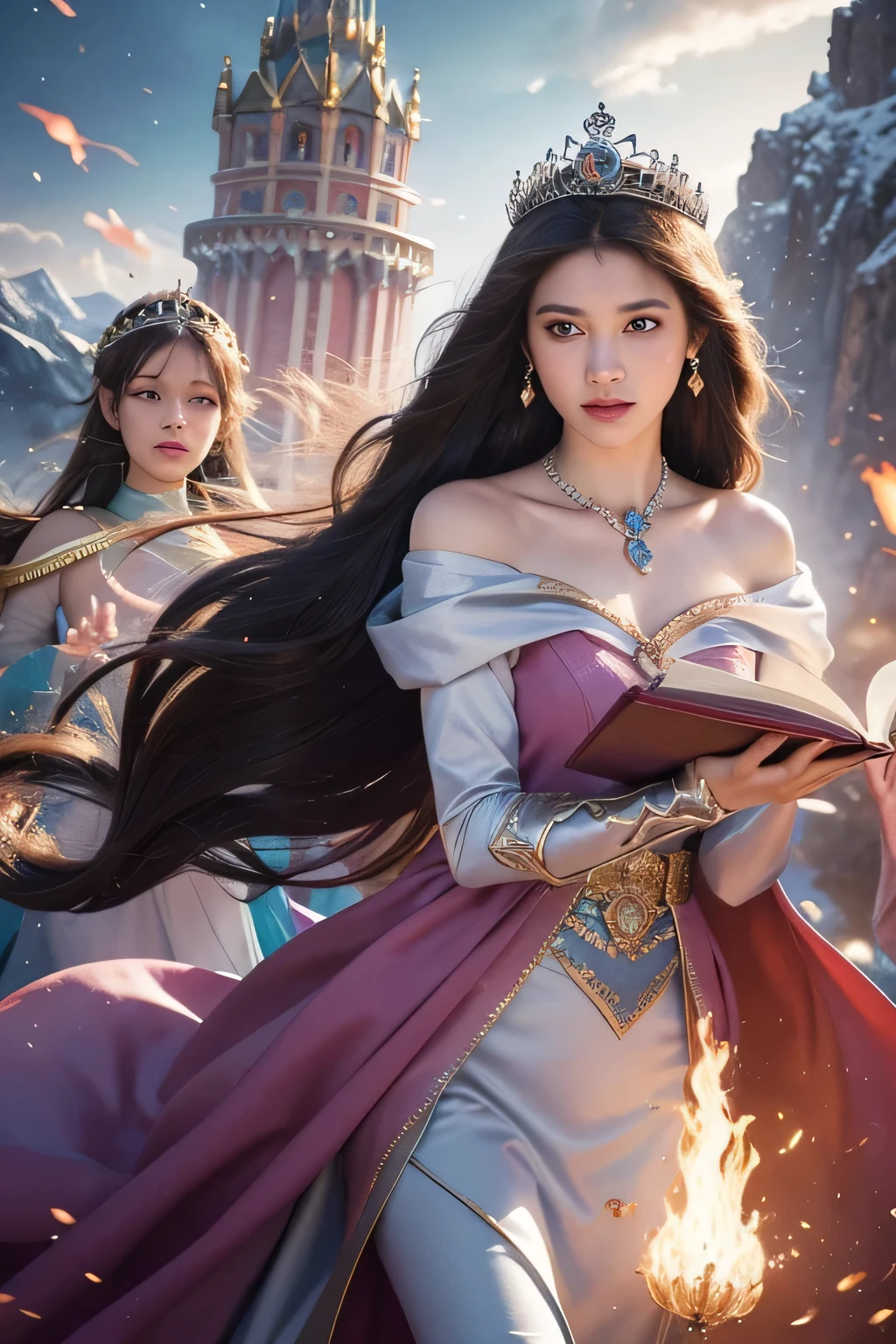 Create a book cover, with illustrations that portray a princess and her friends, who travel worlds in search of gems of power to save their kingdom, fight monsters