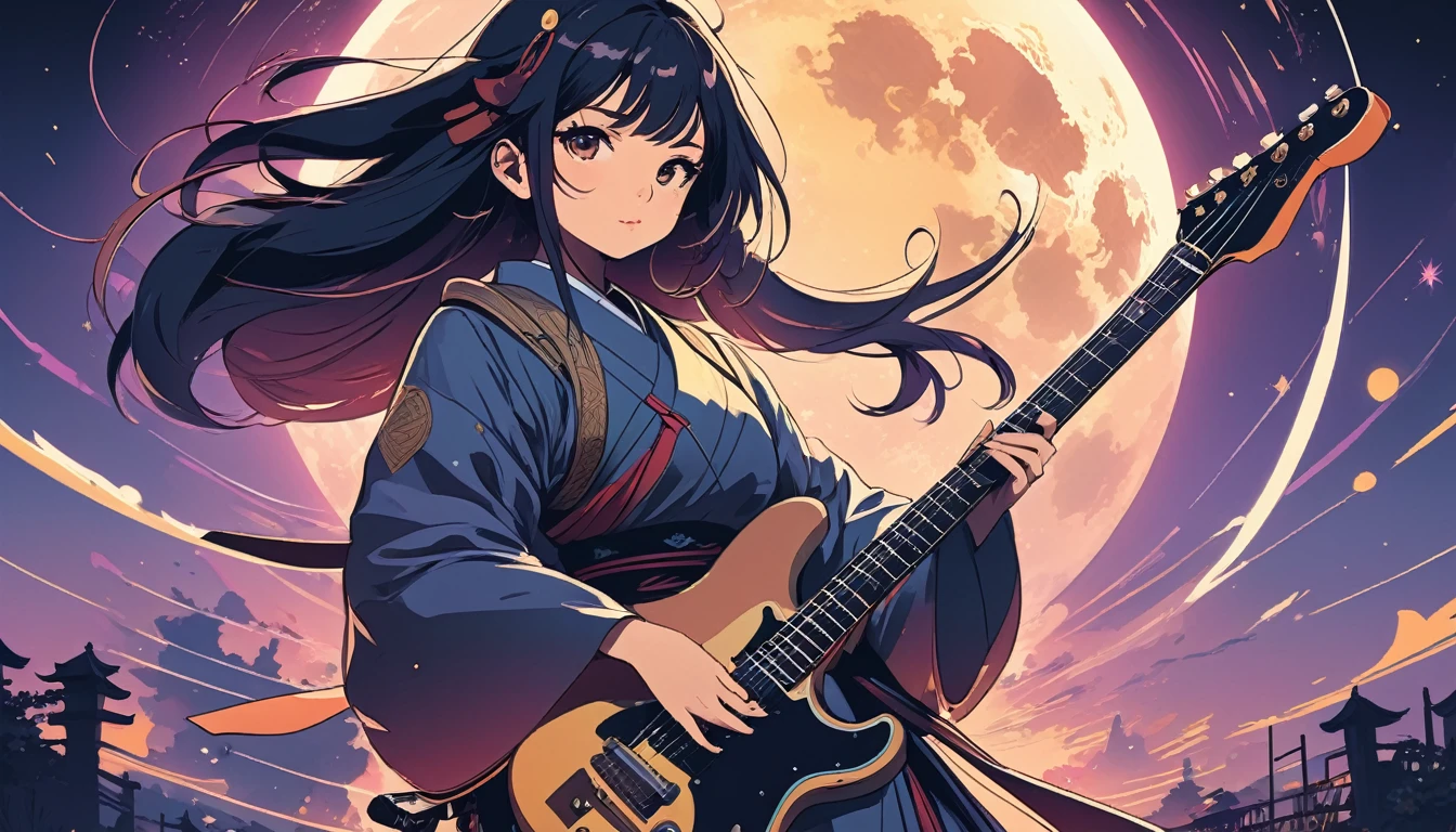 Electric guitar、Female samurai, Wide-angle lens, Lofi Anime, Lofi illustration, Aesthetic atmosphere, Lo-Fi Style, Vector art, Flat Design, Simple shape, Warm tones, Pleasant atmosphere, Chill, In anime style, Digital drawing, Vector art, Vector logo for t-shirt printing, (Adorable:1.5), (small:1.4), (Playful:1.2), (soft:1.3), (Whimsical:1.1), masterpiece, Highest quality, 8k, Intricate details, grow, Celestial, Mysterious, Picturesque, amazing, Majestic, Magic, Fantasy art, Cover art, dream-like
