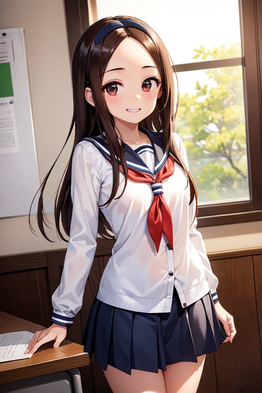 Takagi-san、Shiny brown hair, Straight Long Hair,((Medium chest、Forehead、Center part))、 Beautiful brown eyes、smile、Sparkling eyes, (fine grain)、Very fine eye、Highly detailed face, Highly detailed eyes, Cowboy Shot、


(masterpiece:1.2, Highest quality, 超High resolution, Super detailed),, masterpiece、High resolution、16K、

One Girl, single, alone, Beautiful Anime Girls,
White sailor suit with long sleeves、Red neckerchief、Navy blue mini pleated skirt、Very short mini skirt、Bare thighs、
young woman、smile、((White horseshoe headband))、blush、Grin、、(Very close:1.5)、School classroom、(Upper body close-up)