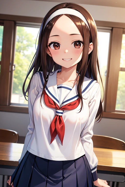 Takagi-san、Shiny brown hair, Straight Long Hair,((Medium chest、Forehead、Center part))、 Beautiful brown eyes、smile、Sparkling eyes, (fine grain)、Very fine eye、Highly detailed face, Highly detailed eyes, Cowboy Shot、


(masterpiece:1.2, Highest quality, 超High resolution, Super detailed),, masterpiece、High resolution、16K、

One Girl, single, alone, Beautiful Anime Girls,
White sailor suit with long sleeves、Red neckerchief、Navy blue mini pleated skirt、Very short mini skirt、Bare thighs、
young woman、smile、((White horseshoe headband))、blush、Grin、、(Very close:1.5)、School classroom、(Upper body close-up)