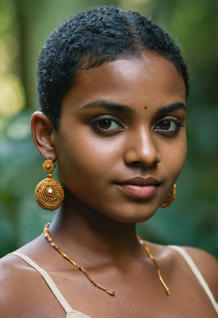 (( kerala ancient dark black teen goddess))), (((black darkkali devi))) ,(((dark skinned teen goddess))) , short hair, cinematic nature portrait,(((Half full Body))), (((very dark skinned teen body))), (((*************))), (((((very dark nipple and areola))))) (((voluptuous teen))), (((huge busty milky wet big massive dark boobs))), (((nude thick dark thigh))), high heel boot, (((sundress))), ((black skin dark body)), ornaments, photorealistic,photo, realism, Getty Images, RAW candid cinema, 16mm, colour graded portra 400 film, remarkable colour, ultra realistic, textured skin, remarkable detailed pupils, realistic dull skin noise, visible dark skin detail, skin fuzz, dry skin, shot with cinematic,light leaks, RAW Image, DOF, depth of field, High-resolution detail capturing the natural texture of the skin, including pores, fine lines, and natural highlights and shadows, Emphasize a natural, healthy glow, showcasing the beauty of real dark skin, A graceful, confident posture with a gentle smile or a serene expression