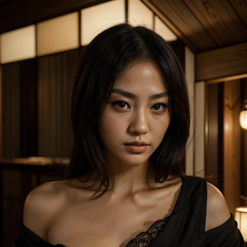 beautiful japanese woman, Brunetette, dark shaped eyes, he would be, JUST THE FACE, the night, ((best qualityer, extreme quality, Masterpiece artwork)), realisitic