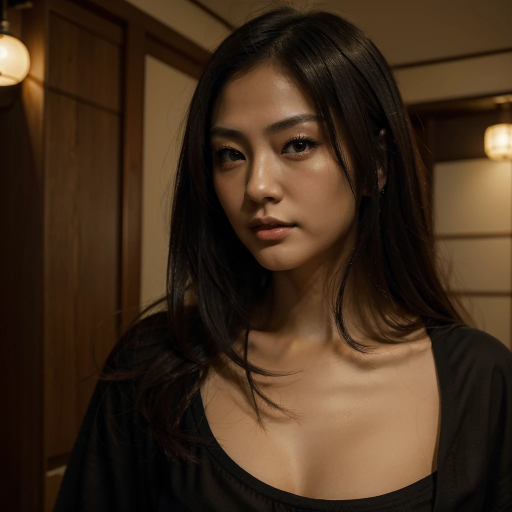 beautiful japanese woman, Brunetette, dark shaped eyes, he would be, JUST THE FACE, the night, ((best qualityer, extreme quality, Masterpiece artwork)), realisitic