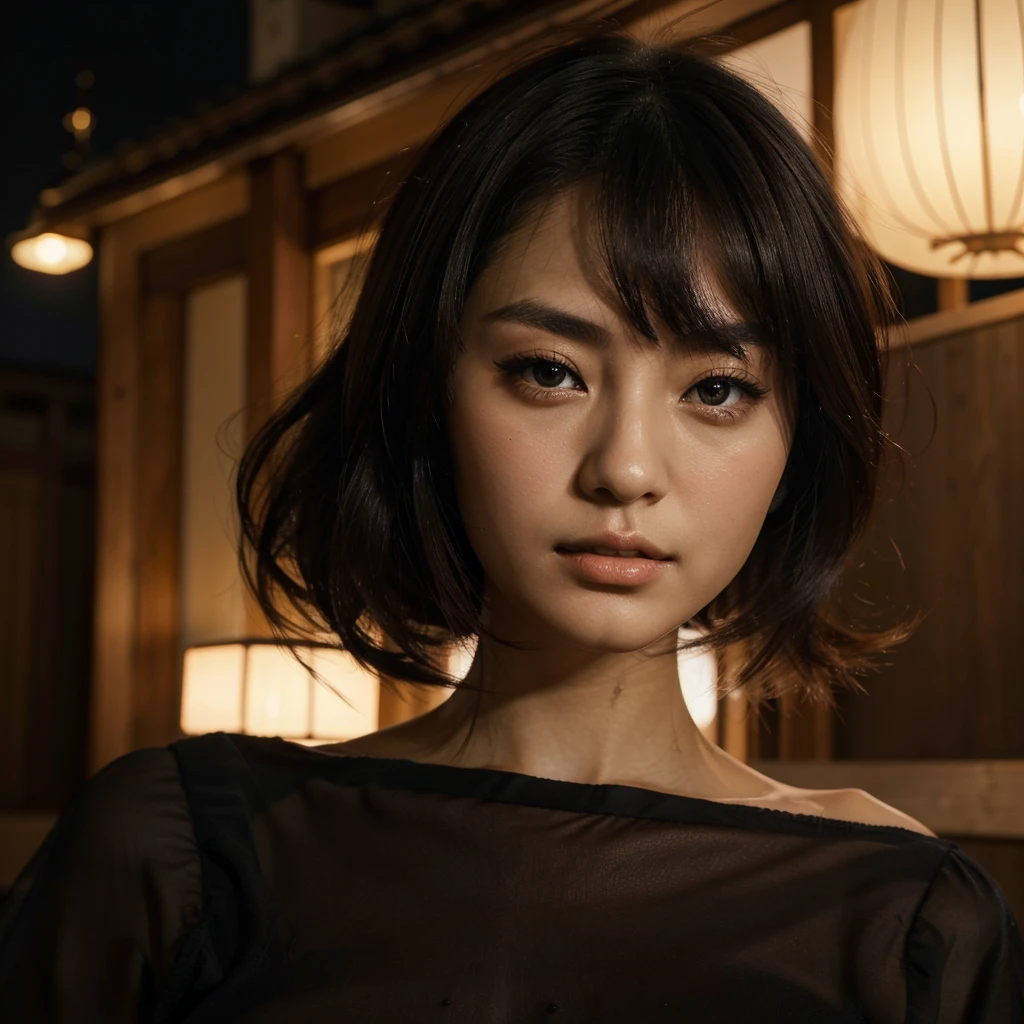 beautiful japanese woman, Brunetette, dark shaped eyes, he would be, JUST THE FACE, the night, ((best qualityer, extreme quality, Masterpiece artwork)), realisitic
