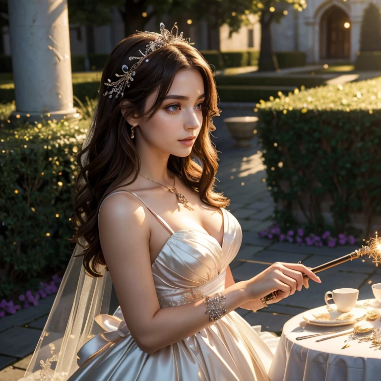 (masterpiece, best quality:1.5), highest quality, High resolution, super detailed, Realists, Upper body photo of a brunette young magical girl, detailed and beautiful eyes, beautiful detailed lips, very detailed eyes and face, longeyelashes, white satin wedding dress, Holding a magic wand in your hand, Cast a transformation spell, With her magic wand she turns stones into a flower vase, Glowing wands available,Beautiful and colorful makeup, elegant and noble々The jewelry bag, Gardens as background, soft daylight, bright colors, fine brushstrokes, Portrait style, Silk dress fabric, beautiful color palette, glowing skin, First-class rendering, that captures every detail, enchanting atmosphere, subtle shadows and lights, (perfect anatomy:1.2), (The stunning magical girl in a wedding dress turns stones into flower vases. Beautiful wedding cake on a table (a transformation with the magic wand:1.4), (magnificent panorama view:1.2)