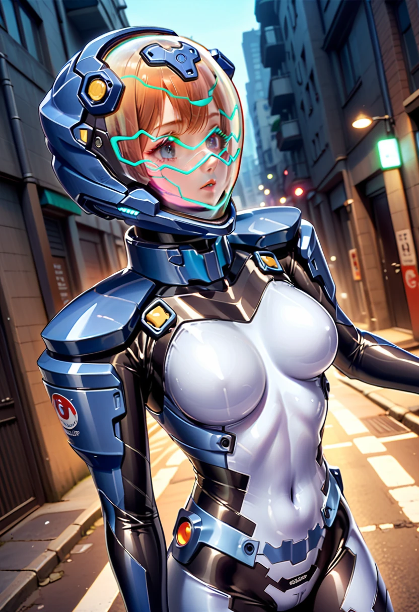 short hair, street, emo, BLACK hair, white eyes, eyeliner, apocalypse, (astronaut, girl, road, city, fortified suit, ((blue:1.5) plugsuit), short hair, outdoors, cinematic light, medium breasts, covered navel, space helmet, muvluv, space helm, eva helmet,[legs bent,, upper body,hands up, holding head