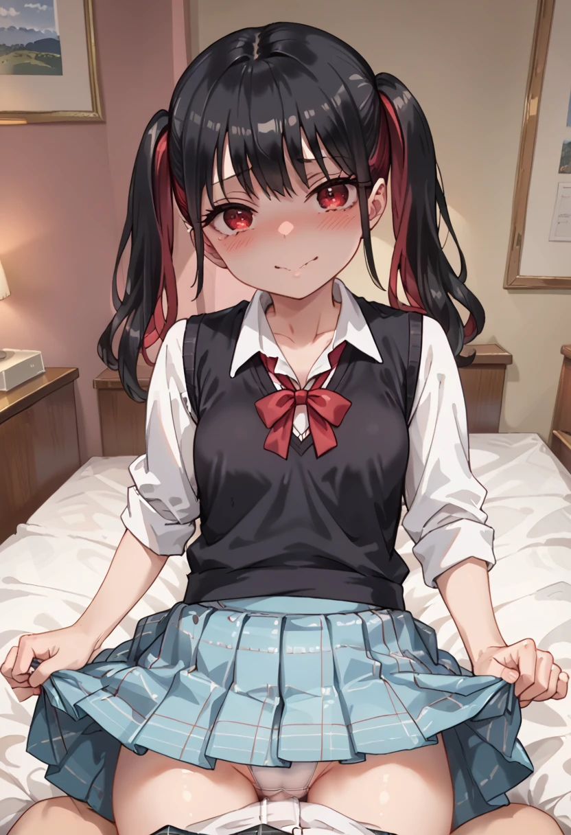 masterpiece, high quality, Perfect Face, Beautiful Face, Photo Background,Perfect Skin, Beautiful Skin, Soft Skin, Glowing Skin, Intricate details, Delicate pattern, best quality, masterpiece, (midnight:1.3),(from front:2),1girl, (Slender:1.3), small breasts, (grayblack hair:1.3),(cherryred colored inner hair:1.2), twintails, (detailed red eyes:1.1), (ass pov:1.2), sleeves rolled up, Long sleeve, black knit vest, plaid skirt,red ribbon,school uniform ,love hotel,(bedroom:1.4), pink room,(skirt lift:1.1), wariza,(white pantie:1.2),(embarrassed), (blush:1.1),(naughty face:1.2)