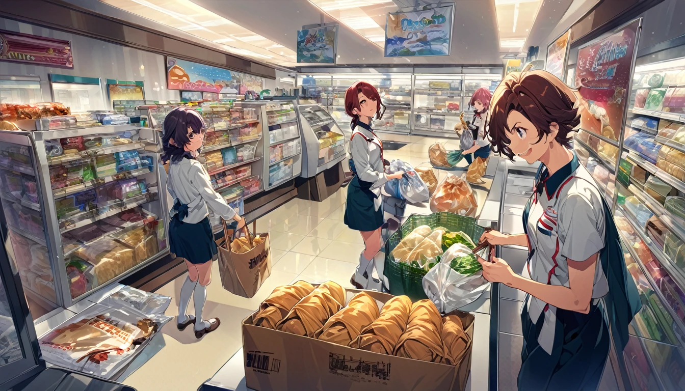Chiyo Mihama, attendant uniform, low-cut blouse and miniskirt, badge attached to the neck, bagging groceries at a convenience store, kind smile, lots of charisma, detailed scenery, dynamic broad view, anime classic Kiyohiko Azuma, character full body, HD12K quality