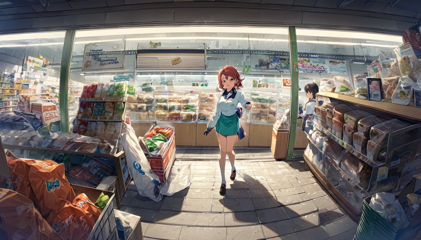 Chiyo Mihama, attendant uniform, low-cut blouse and miniskirt, badge attached to the neck, bagging groceries at a convenience store, kind smile, lots of charisma, detailed scenery, dynamic broad view, anime classic Kiyohiko Azuma, character full body, HD12K quality