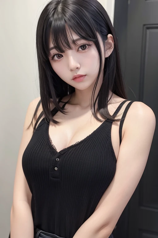 bangs, Black Hair、high quality, Droopy eyes、chest,