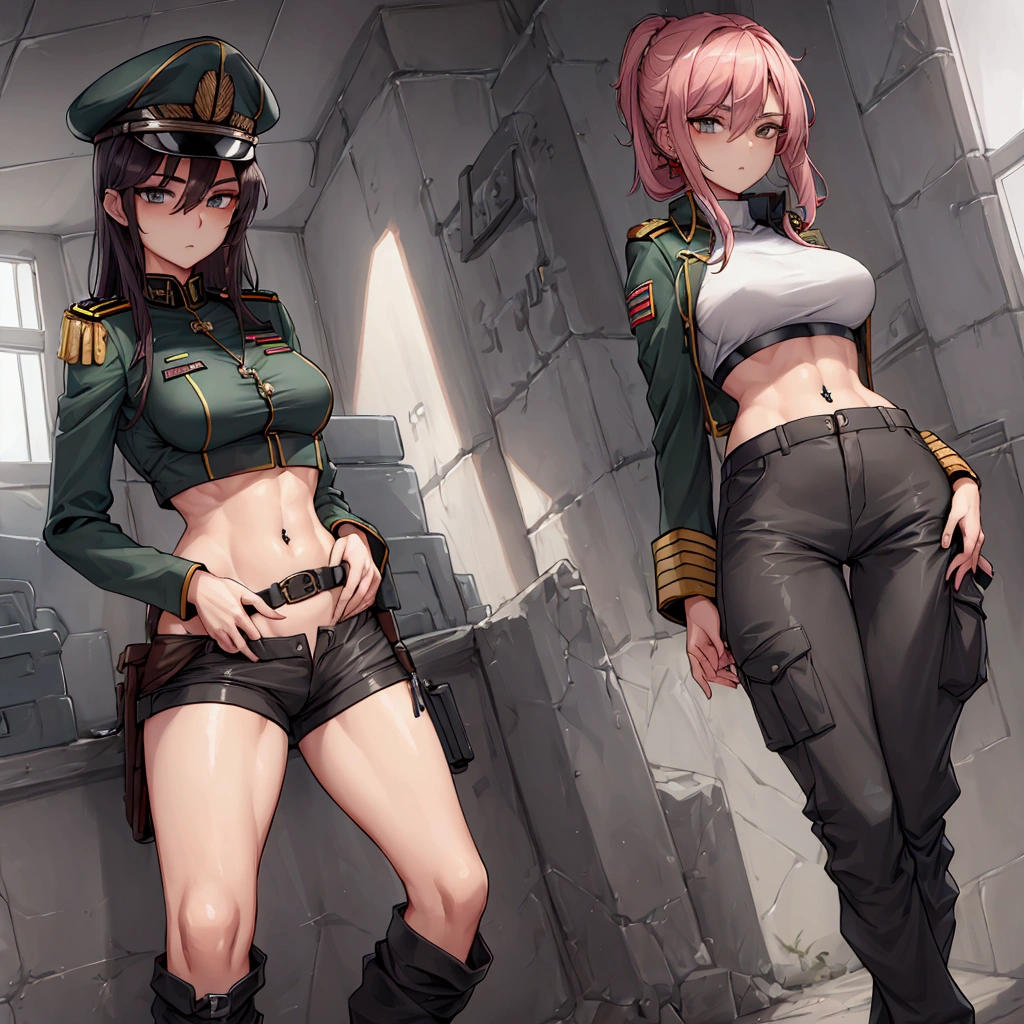 Women in crop top soldier uniform, soldier hat, medal on the chest,  exposed abdomen area, very low waist cargo pants, navel piercing , 45 years-old, high ranking , standing, 