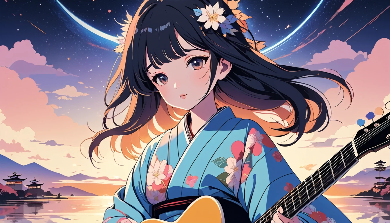 Electric guitar、Cool kimono woman, Wide-angle lens, Lofi Anime, Lofi illustration, Aesthetic atmosphere, Lo-Fi Style, Vector art, Flat Design, Simple shape, Warm tones, Pleasant atmosphere, Chill, In anime style, Digital drawing, Vector art, Vector logo for t-shirt printing, (Adorable:1.5), (small:1.4), (Playful:1.2), (soft:1.3), (Whimsical:1.1), masterpiece, Highest quality, 8k, Intricate details, grow, Celestial, Mysterious, Picturesque, amazing, Majestic, Magic, Fantasy art, Cover art, dream-like