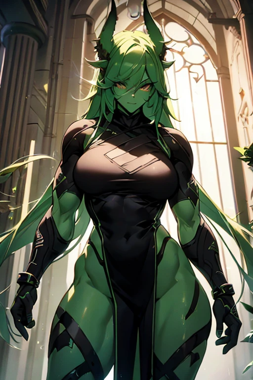 Woman, musclegirl, green skinned orc legs, with loose black clothes, detailedeyes, (full hd, highy detailed, work of art). full viwer