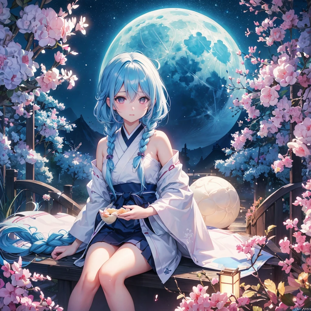 Sky blue hair, (Braided medium hair:1.2), Pink eyes,Fair skin ,(whole body),(One Girl),Tsukimi,(White sweet dumplings ),White round dumplings,Japanese pampas grass,(beautiful, Full moon shining in the night sky),(masterpiece, Highest quality, Very detailed, Best Shadow), (Detailed Background), (Beautifully detailed face), High Contrast, (Best lighting, Very delicate and beautiful), ((Cinematic Light)), colorful, Hyper Detail,8k, Dramatic Light, Intricate details,Sit and eat dumplings while watching the moon,mysterious