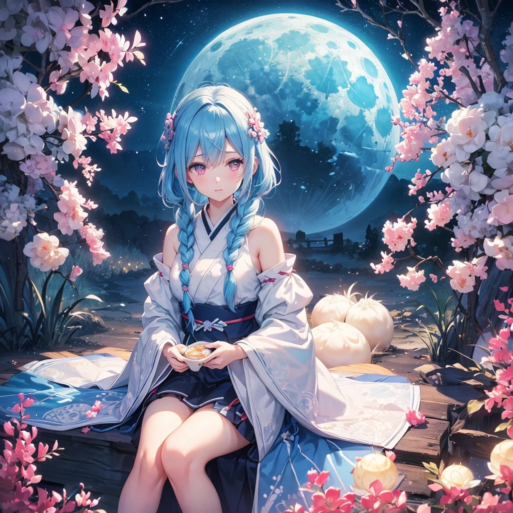 Sky blue hair, (Braided medium hair:1.2), Pink eyes,Fair skin ,(whole body),(One Girl),Tsukimi,(White sweet dumplings ),White round dumplings,Japanese pampas grass,(beautiful, Full moon shining in the night sky),(masterpiece, Highest quality, Very detailed, Best Shadow), (Detailed Background), (Beautifully detailed face), High Contrast, (Best lighting, Very delicate and beautiful), ((Cinematic Light)), colorful, Hyper Detail,8k, Dramatic Light, Intricate details,Sit and eat dumplings while watching the moon,mysterious