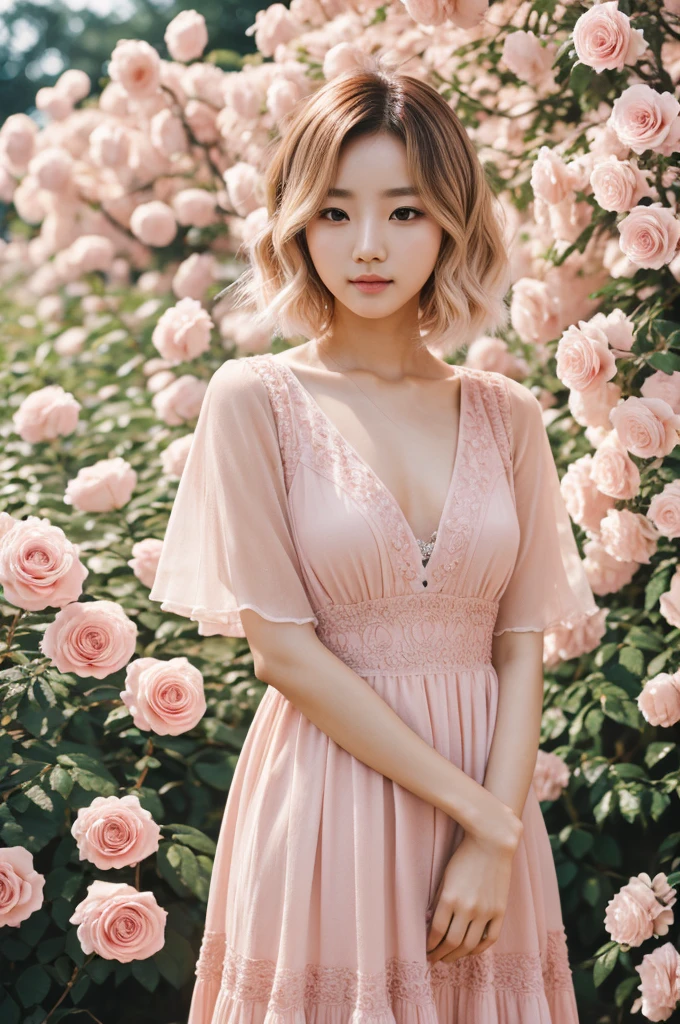 8k, RAW photo, Fujifilm, style photo of a beautiful Kwon eun bi in a garden of light pink roses (highly detailed skin: 1.2) Style-Petal BREAK short hair, blonde hair with colored locks, wearing a dress, film granulation, 35mm, cute style