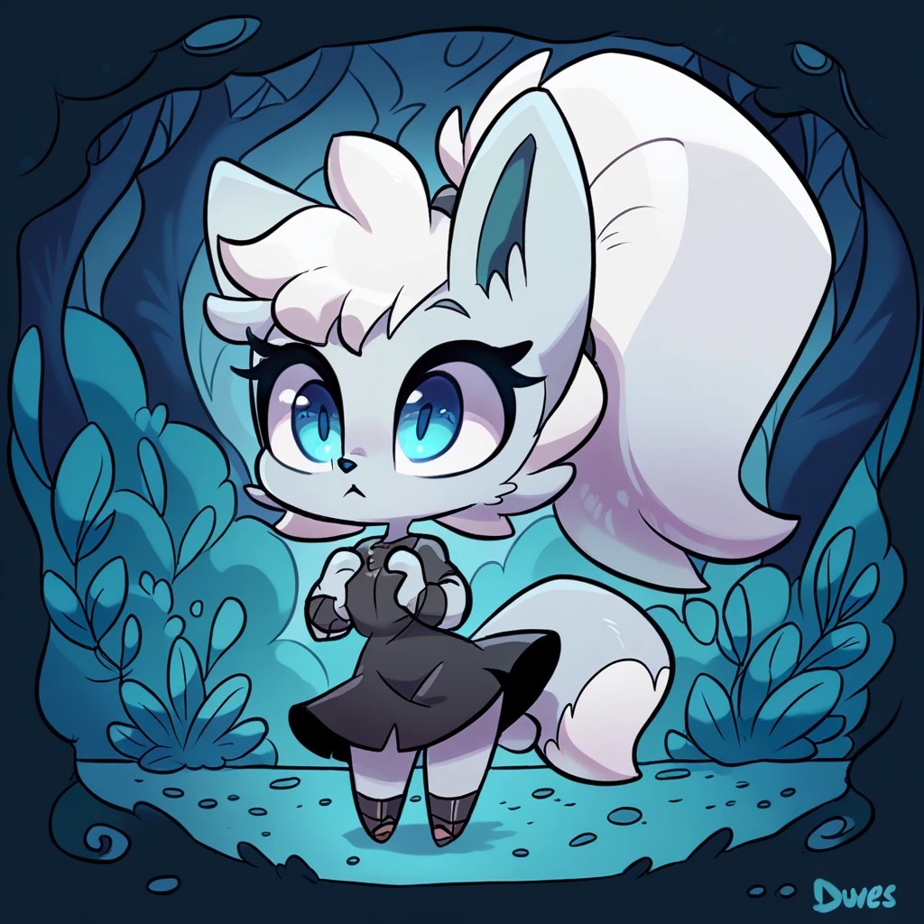 little fox, female, white hair, silver fur, blue eyes, cute kid, , alone, kid , white hair, cute, chibi, black dress, night forest, by diives