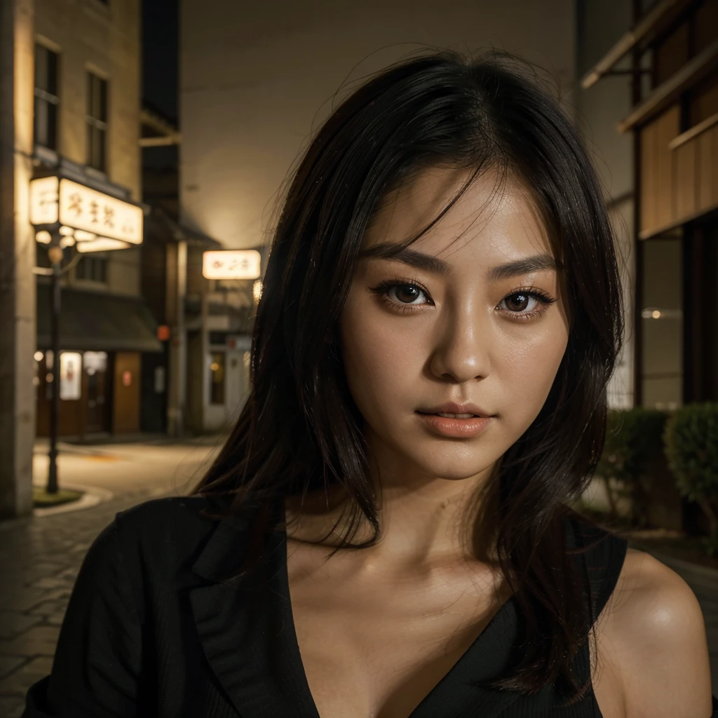 beautiful japanese woman, in town, Brunetette, dark shaped eyes, he would be, JUST THE FACE, the night, ((best qualityer, extreme quality, Masterpiece artwork)), realisitic
