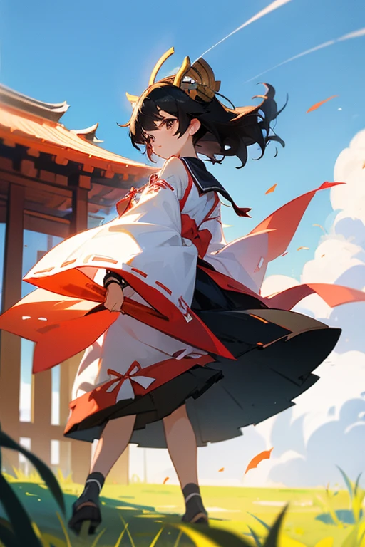 Black Hair、Big ribbon、Miko costume、shrine、summer、sunny、beautiful girl、Anime Style