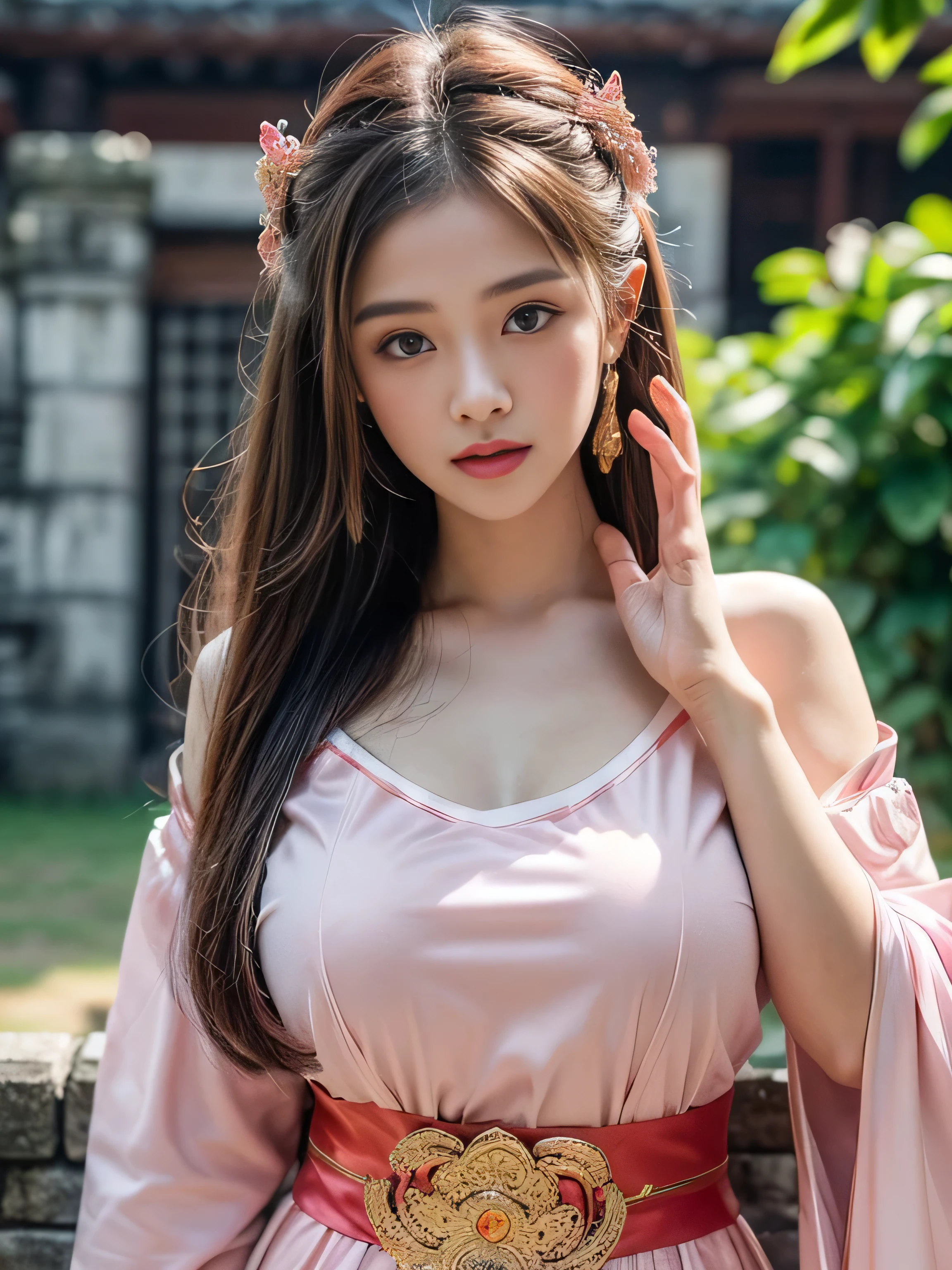 19 years old , (wearing a pink and red Thai traditional clothing:1.3), big round breast, ((traditional thai hairstyle:1.2)), (photorealistic:1.2), (ultra realistic:1.3), (very detailed:1.1), ((masterpiece)), (Hand Details:1.4), (blush:1.3), (shy:1.3), (Chaing Mai old castle walls :1.3), depth of field, first person view.