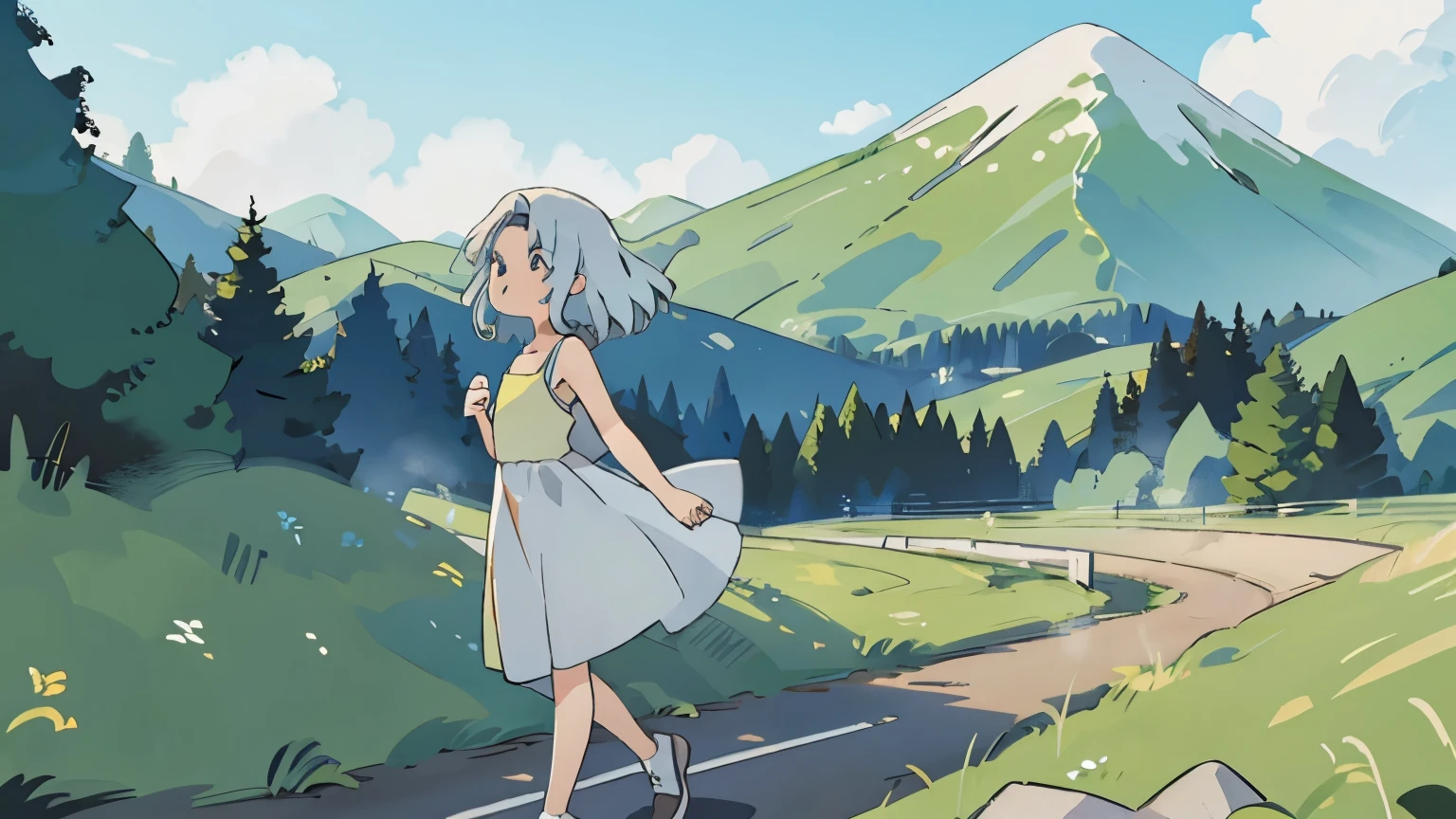 a , wearing a white dress, white dress sleeveless,  on the run towards a mountain, mountain in the background of the image, rear angle.