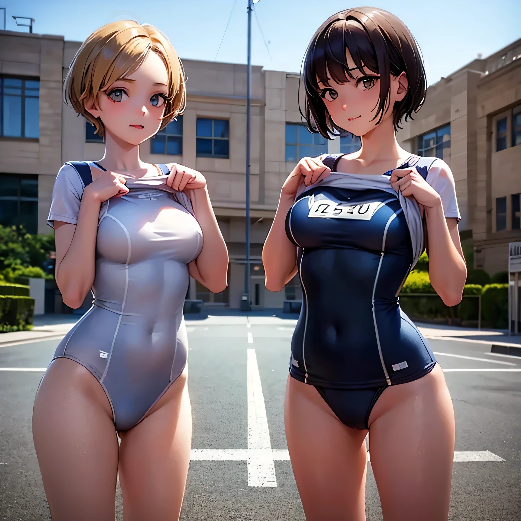 2The girls face each other, face shame, Short hair, surreal, 4K, professional photos, -yeld gi HDR, detailed face, school swimsuit (full coverage swimsuit), masterpiece, (light), beautiful background, realistic background, realistic photo