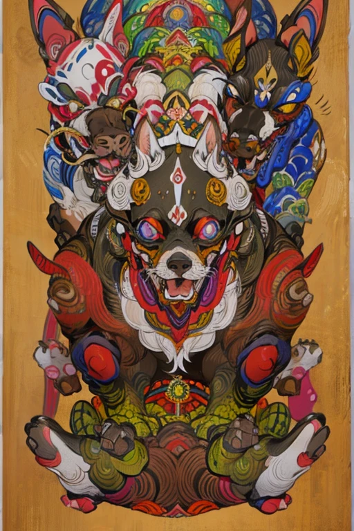 (masterpiece: 1.2, Highest quality),Chihuahua sitting on a Ouija board,Dog with a Ouija board、Japanese painting, rough sketch, Horror elements,Ancient India、Buddhism
