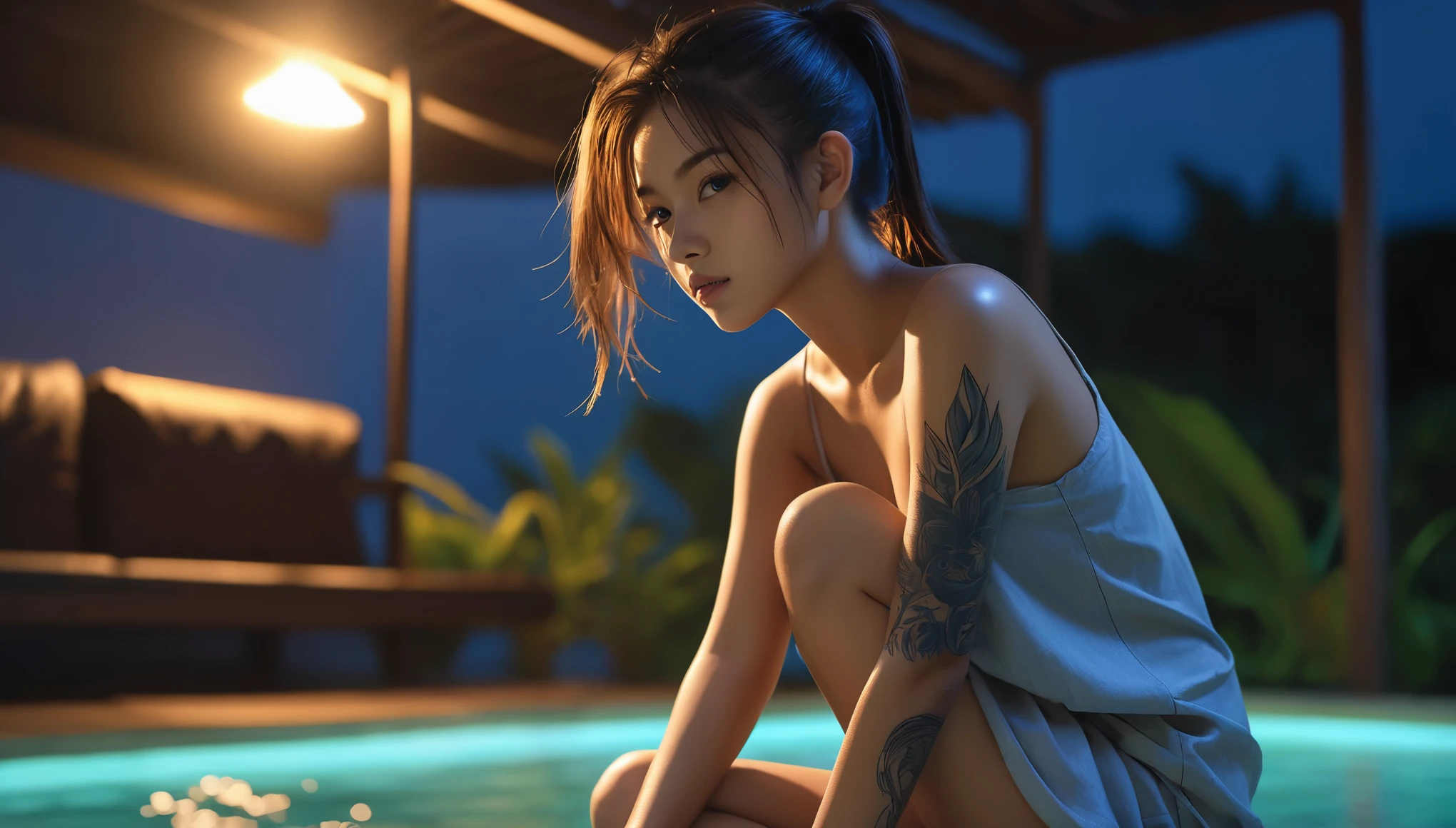 8k, high resolution, masterpiece, ultra-detailed, full body shot (cute girl, young, barely legal, tanned skin), (see-through oversized crop shirt, short, wide neckline, deep neckline, random color, bikini underneath), (cozy cabana, shiny silky sheets, outdoor, tropical ressort after a sunbath, wet, at dusk), (medium breasts, small hips, detailed face, long slick ponytail hair, tattoos), moody atmosphere, random dramatic and neon colors, futuristic setting, intricate details, at night, backlit, full body shot from the side
