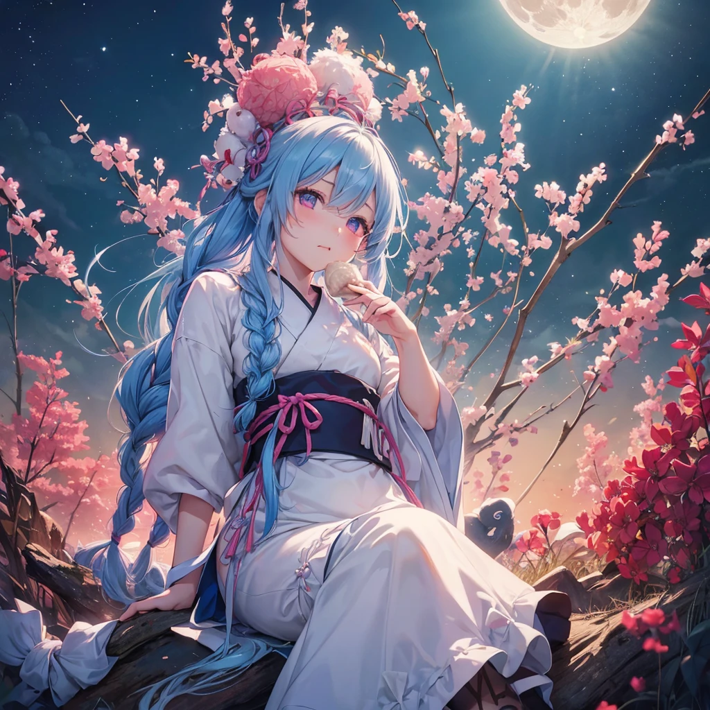 Sky blue hair, (Braided medium hair:1.2), Pink eyes,Fair skin ,(whole body),(One Girl),Tsukimi,(White sweet dumplings ),White round dumplings,Japanese pampas grass,(beautiful, Full moon shining in the night sky),(masterpiece, Highest quality, Very detailed, Best Shadow), (Detailed Background), (Beautifully detailed face), High Contrast, (Best lighting, Very delicate and beautiful), ((Cinematic Light)), colorful, Hyper Detail,8k, Dramatic Light, Intricate details,Sit and eat dumplings while watching the moon,mysterious
