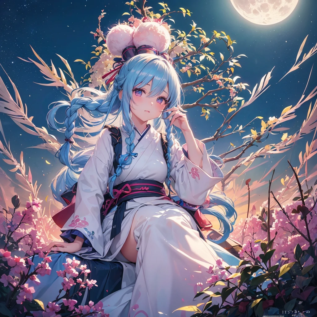 Sky blue hair, (Braided medium hair:1.2), Pink eyes,Fair skin ,(whole body),(One Girl),Tsukimi,(White sweet dumplings ),White round dumplings,Japanese pampas grass,(beautiful, Full moon shining in the night sky),(masterpiece, Highest quality, Very detailed, Best Shadow), (Detailed Background), (Beautifully detailed face), High Contrast, (Best lighting, Very delicate and beautiful), ((Cinematic Light)), colorful, Hyper Detail,8k, Dramatic Light, Intricate details,Sit and eat dumplings while watching the moon,mysterious