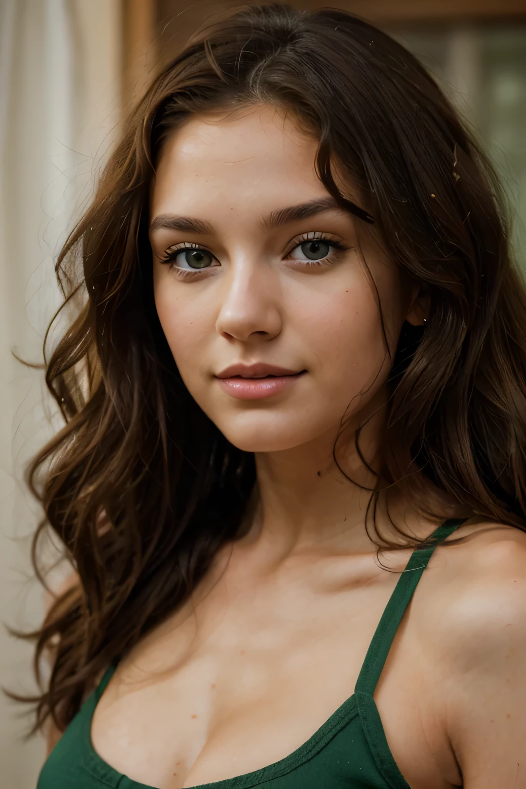 Face of a young brunette woman with curly hair and green eyes