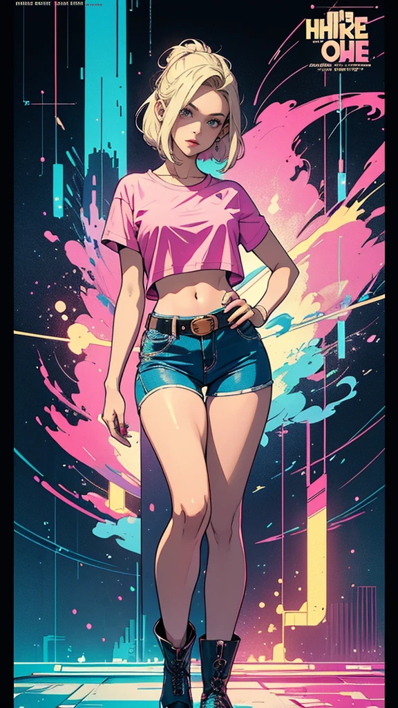 ((masterpiece, Highest quality)), (((whole body :1.5))), 32K Wallpapers, Very detailed, Poster, Vintage science fiction, 1960s,(((geometric cinematic movie Poster))), (Bauhaus), shape,Abstract, Midcentury Modern, movie Poster, Vintage, Perfect Lady,1970s,Halftone,Speech bubble,(((portfolio,close))), Tall and straight blonde mature girl, Sexy, Medium Neck, He is wearing a plain, tight pink short-sleeved U-neck T-shirt., She completely exposed her midsection, She is wearing blue leather shorts., She is wearing little pink boots, she wears a large orange belt with a red heart-shaped buckle, She is wearing little pink gloves, She exposed her navel, beautiful abdomen, Beautiful thighs, Long and slender thighs, A pose that makes it appear as if you are facing forward with your hands on your hips, whole body