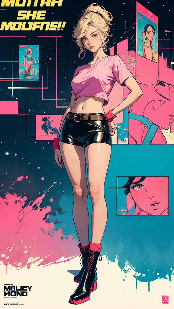 ((masterpiece, Highest quality)), (((whole body :1.5))), 32K Wallpapers, Very detailed, Poster, Vintage science fiction, 1960s,(((geometric cinematic movie Poster))), (Bauhaus), shape,Abstract, Midcentury Modern, movie Poster, Vintage, Perfect Lady,1970s,Halftone,Speech bubble,(((portfolio,close))), Tall and straight blonde mature girl, Sexy, Medium Neck, He is wearing a plain, tight pink short-sleeved U-neck T-shirt., She completely exposed her midsection, She is wearing blue leather shorts., She is wearing little pink boots, she wears a large orange belt with a red heart-shaped buckle, She is wearing little pink gloves, She exposed her navel, beautiful abdomen, Beautiful thighs, Long and slender thighs, A pose that makes it appear as if you are facing forward with your hands on your hips, whole body