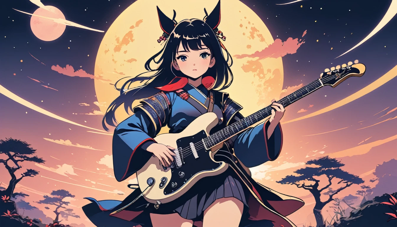 Electric guitar、Female samurai, Wide-angle lens, Lofi Anime, Lofi illustration, Aesthetic atmosphere, Lo-Fi Style, Vector art, Flat Design, Simple shape, Warm tones, Pleasant atmosphere, Chill, In anime style, Digital drawing, Vector art, Vector logo for t-shirt printing, (Adorable:1.5), (small:1.4), (Playful:1.2), (soft:1.3), (Whimsical:1.1), masterpiece, Highest quality, 8k, Intricate details, grow, Celestial, Mysterious, Picturesque, amazing, Majestic, Magic, Fantasy art, Cover art, dream-like
