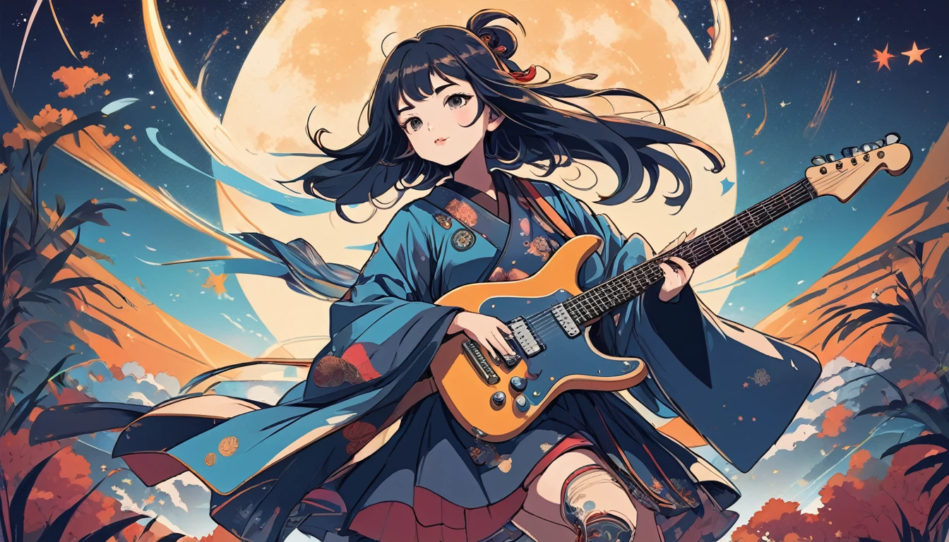 Electric guitar、Female samurai, Wide-angle lens, Lofi Anime, Lofi illustration, Aesthetic atmosphere, Lo-Fi Style, Vector art, Flat Design, Simple shape, Warm tones, Pleasant atmosphere, Chill, In anime style, Digital drawing, Vector art, Vector logo for t-shirt printing, (Adorable:1.5), (small:1.4), (Playful:1.2), (soft:1.3), (Whimsical:1.1), masterpiece, Highest quality, 8k, Intricate details, grow, Celestial, Mysterious, Picturesque, amazing, Majestic, Magic, Fantasy art, Cover art, dream-like