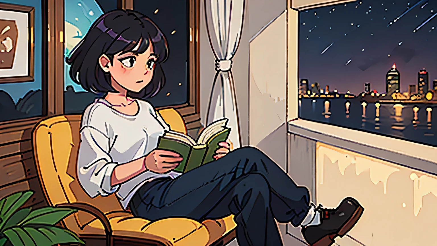 best quality, 8k, 1990s style,2010s hairstyles, 21 year old girl, black hair, bob hair, light brown eyes, city pop, pants ,night view of the sea, Relax on the veranda、,reading a book, whole body, relax coffee,profile